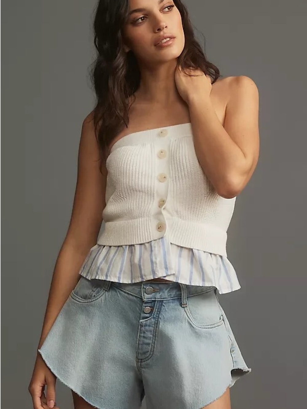 Central Park West White Strapless Knit Camisole with Blue-Striped Ruffle